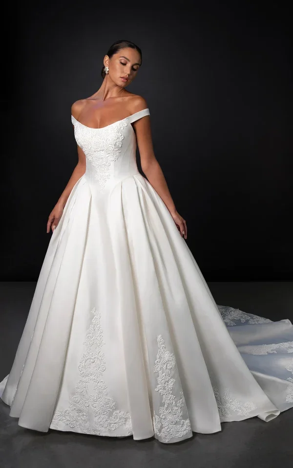 Plus-Size Classic And Regal Off-The-Shoulder Silk Ball Gown With Buttons by Martina Liana - Image 1