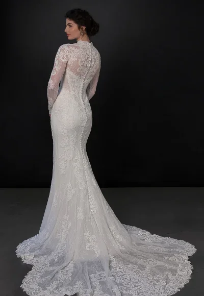 High-Neck Long Sleeve Lace Fit-And-Flare Wedding Dress With Detachable Overskirt by Martina Liana - Image 3