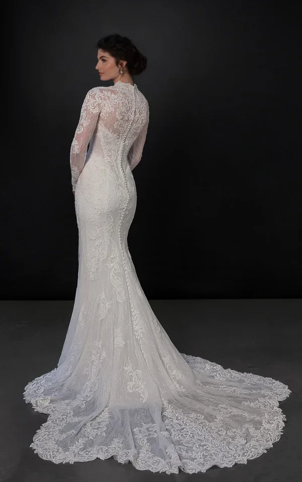 High-Neck Long Sleeve Lace Fit-And-Flare Wedding Dress With Detachable Overskirt by Martina Liana - Image 3