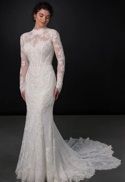High-Neck Long Sleeve Lace Fit-And-Flare Wedding Dress With Detachable Overskirt by Martina Liana