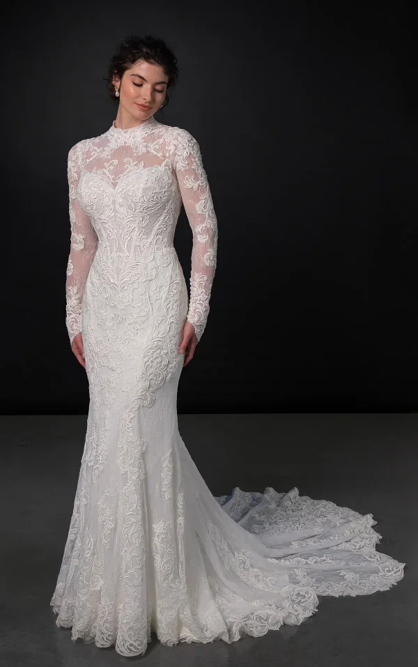 High-Neck Long Sleeve Lace Fit-And-Flare Wedding Dress With Detachable Overskirt by Martina Liana - Image 1