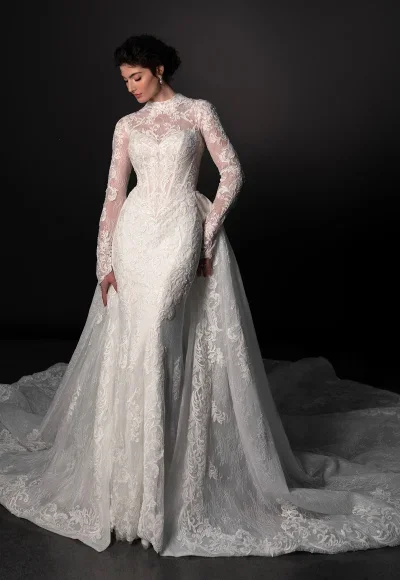 High-Neck Long Sleeve Lace Fit-And-Flare Wedding Dress With Detachable Overskirt by Martina Liana - Image 2