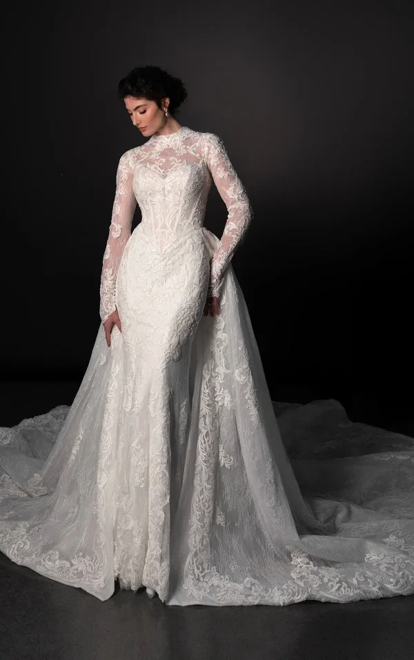 High-Neck Long Sleeve Lace Fit-And-Flare Wedding Dress With Detachable Overskirt by Martina Liana - Image 2
