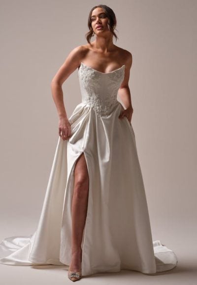 Modern And Elegant Embellished Satin A-Line Wedding Dress With Detachable Accessories by Maggie Sottero