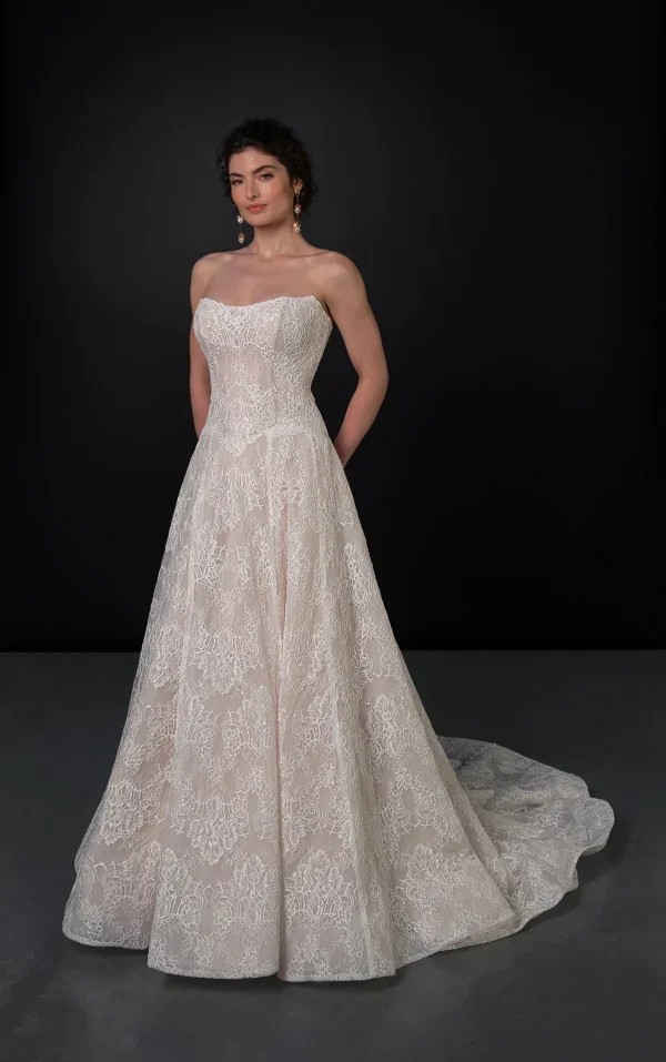 Romantic Vintage-Inspired Lace A-Line Wedding Dress With Pearl Buttons by Martina Liana - Image 1