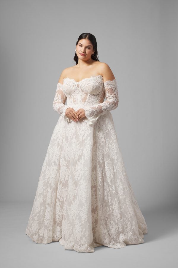 Plus-Size Romantic Off-the-Shoulder Long Sleeve Lace A-Line Gown by Love by Pnina Tornai - Image 1