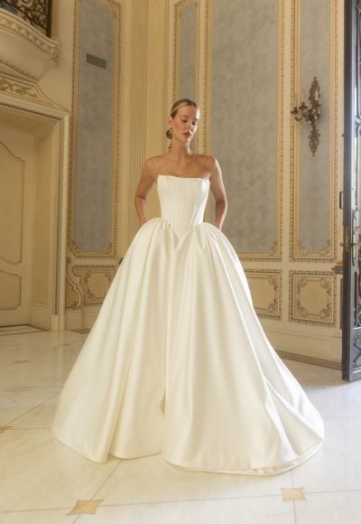 Plus-Size Chic And Contemporary Basque-Waist Satin Ball Gown With Pockets by Verdin Bridal