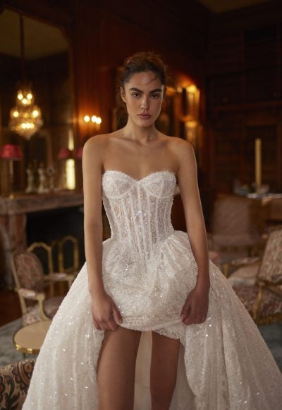 Chic And Feminine Embellished Lace Basque-Waist Ball Gown by Netta BenShabu Elite Couture
