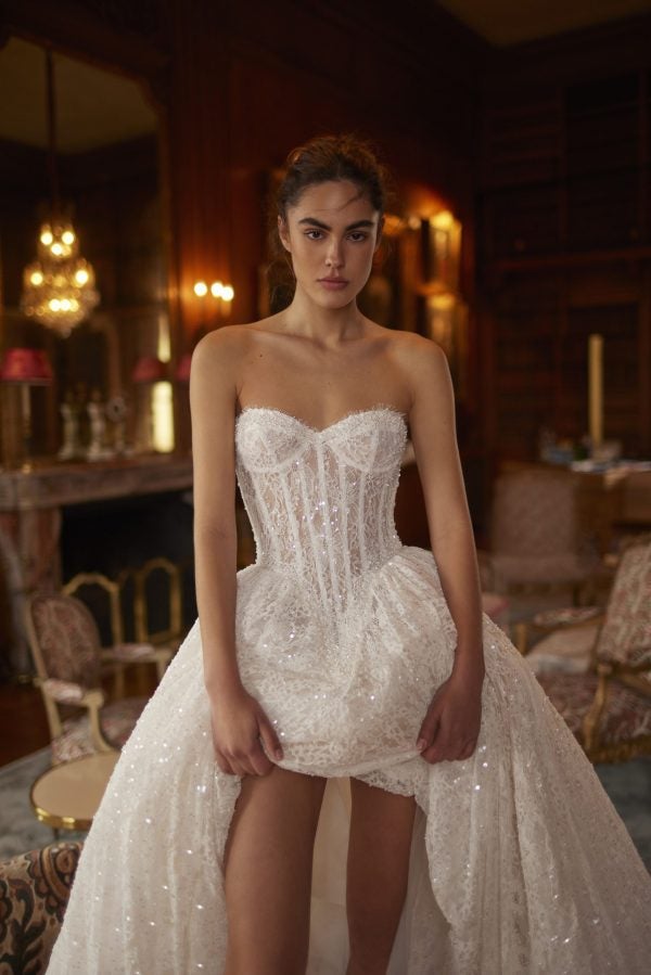 Chic And Feminine Embellished Lace Basque-Waist Ball Gown by Netta BenShabu Elite Couture - Image 1