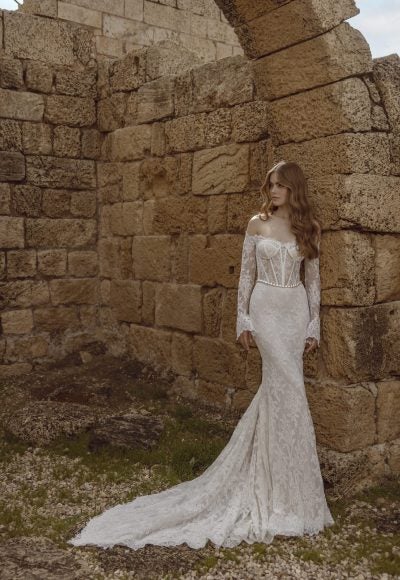 Plus-Size Off-The-Shoulder Long Sleeve Lace Fit-And-Flare Wedding Dress With Corset by Love by Pnina Tornai