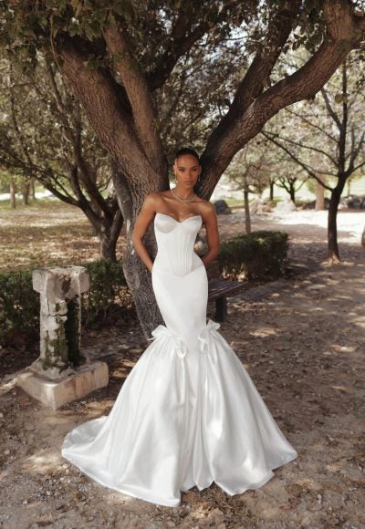 Modern And Minimalist Satin Mermaid Wedding Dress With Bows by Love by Pnina Tornai