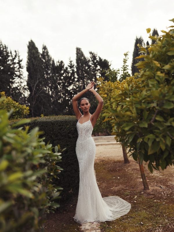 Glamorous Pearl-Embellished Sheath Wedding Dress by Love by Pnina Tornai - Image 1
