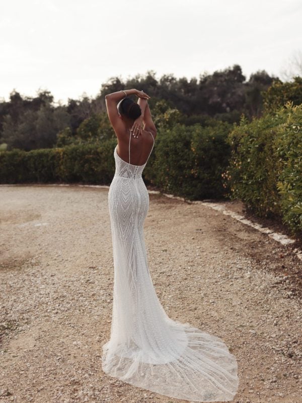 Glamorous Pearl-Embellished Sheath Wedding Dress by Love by Pnina Tornai - Image 3