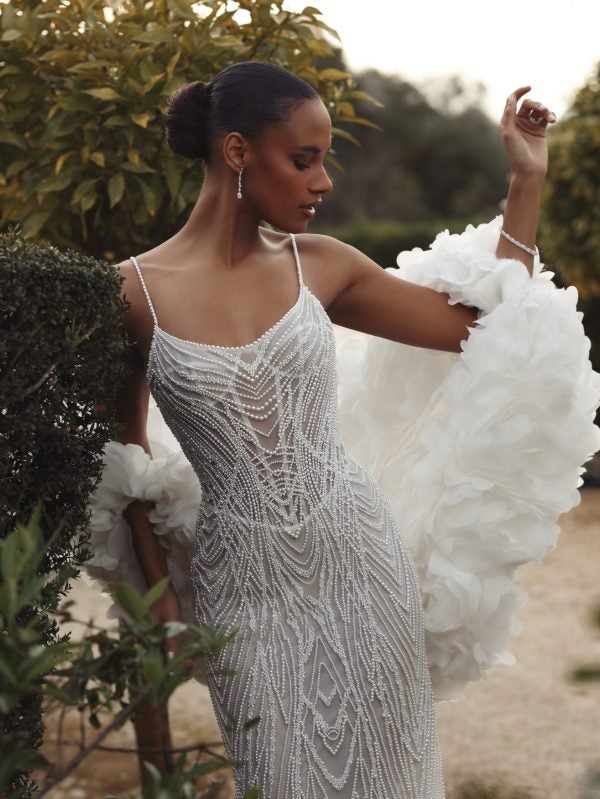 Glamorous Pearl-Embellished Sheath Wedding Dress by Love by Pnina Tornai - Image 2