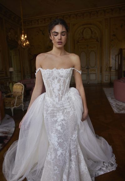 Embellished Lace Fit-And-Flare Wedding Dress With Detachable Overskirt by Netta BenShabu Elite Couture