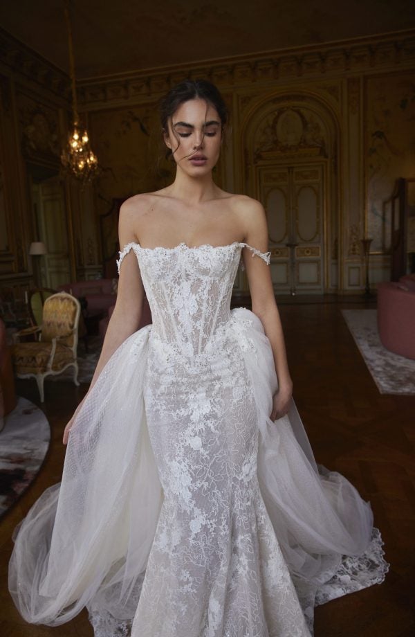 Embellished Lace Fit-And-Flare Wedding Dress With Detachable Overskirt by Netta BenShabu Elite Couture - Image 1