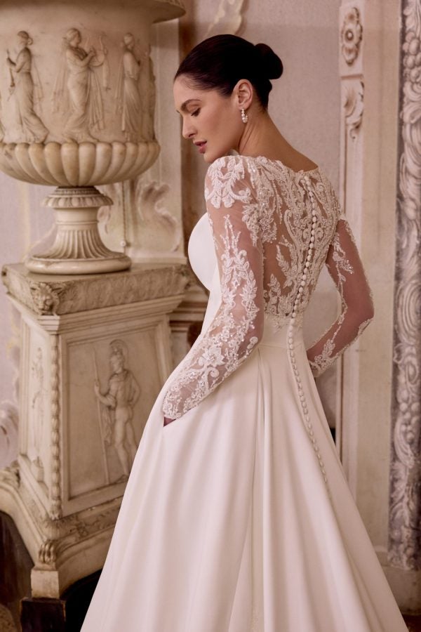 Plus-Size Classic Satin A-Line Wedding Dress With Illusion Sleeves by Justin Alexander - Image 4