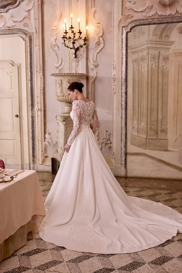 Plus-Size Classic Satin A-Line Wedding Dress With Illusion Sleeves by Justin Alexander - Image 3