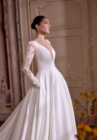 Plus-Size Classic Satin A-Line Wedding Dress With Illusion Sleeves by Justin Alexander - Image 2