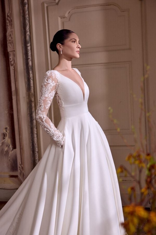 Plus-Size Classic Satin A-Line Wedding Dress With Illusion Sleeves by Justin Alexander - Image 2