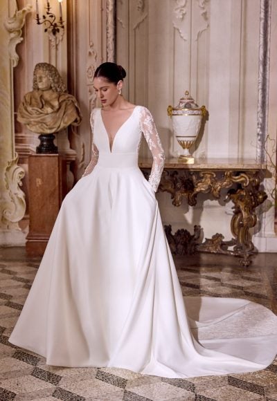 Plus-SiClassic Satin A-Line Wedding Dress With Illusion Sleeves by Justin Alexander