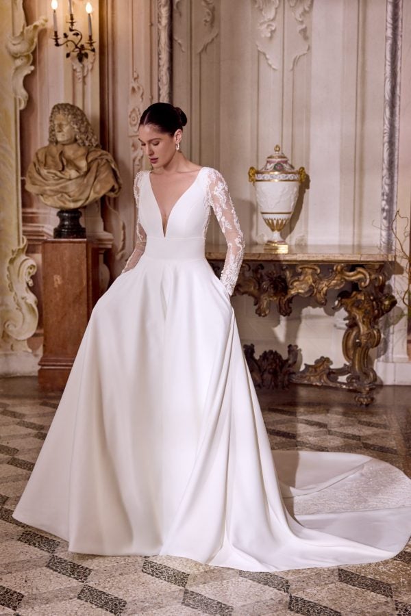 Plus-Size Classic Satin A-Line Wedding Dress With Illusion Sleeves by Justin Alexander - Image 1