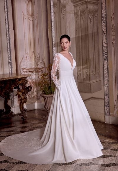 Classic Satin A-Line Wedding Dress With Illusion Sleeves by Justin Alexander