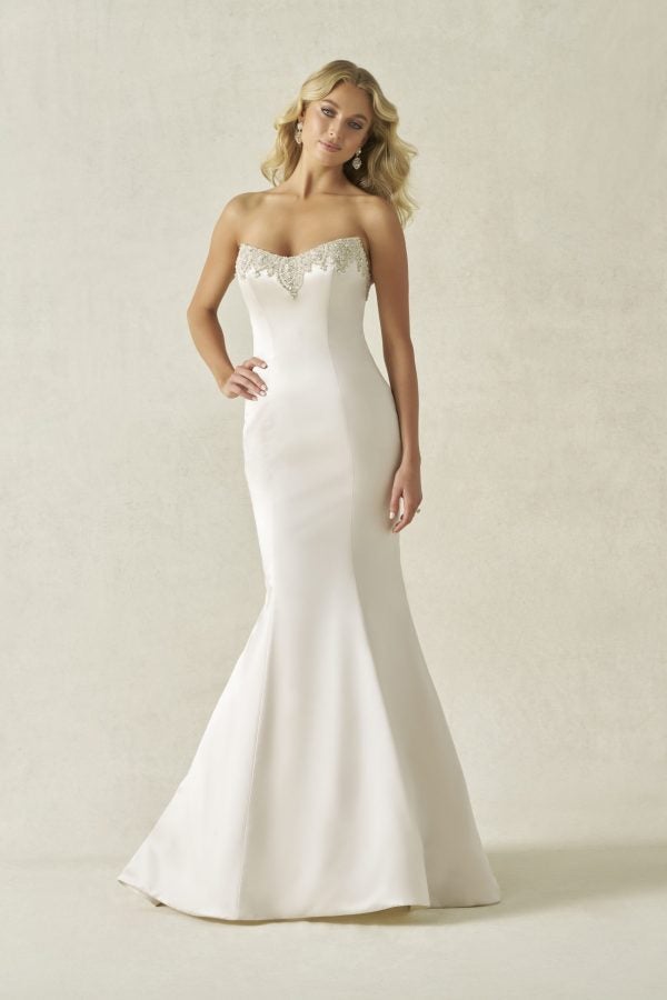 Plus-Size Sleek Embellished Satin Fit-And-Flare Wedding Dress With Buttons by Allure Bridals - Image 1