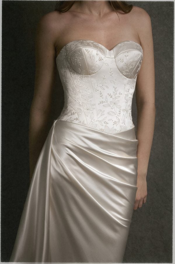 Chic And Sculptural Embroidered-Silk Sheath Wedding Dress With Neck Scarf by Enaura Bridal - Image 3