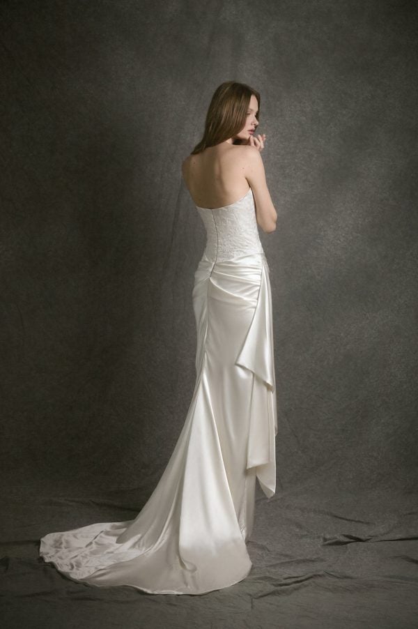 Chic And Sculptural Embroidered-Silk Sheath Wedding Dress With Neck Scarf by Enaura Bridal - Image 4