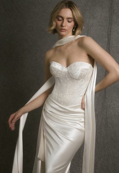 Chic And Sculptural Embroidered-Silk Sheath Wedding Dress With Neck Scarf by Enaura Bridal - Image 2