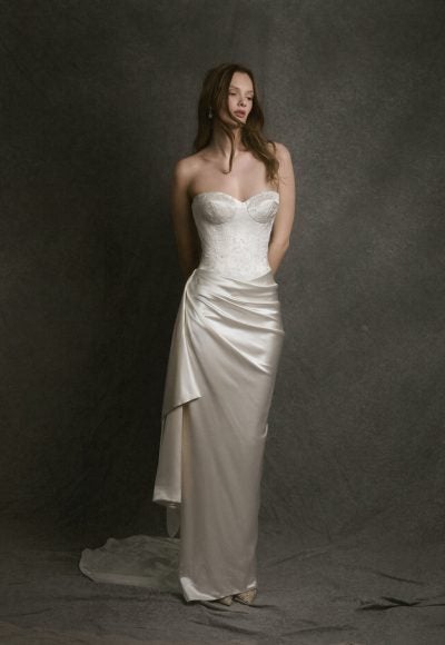 Chic And Sculptural Embroidered-Silk Sheath Wedding Dress With Neck Scarf by Enaura Bridal