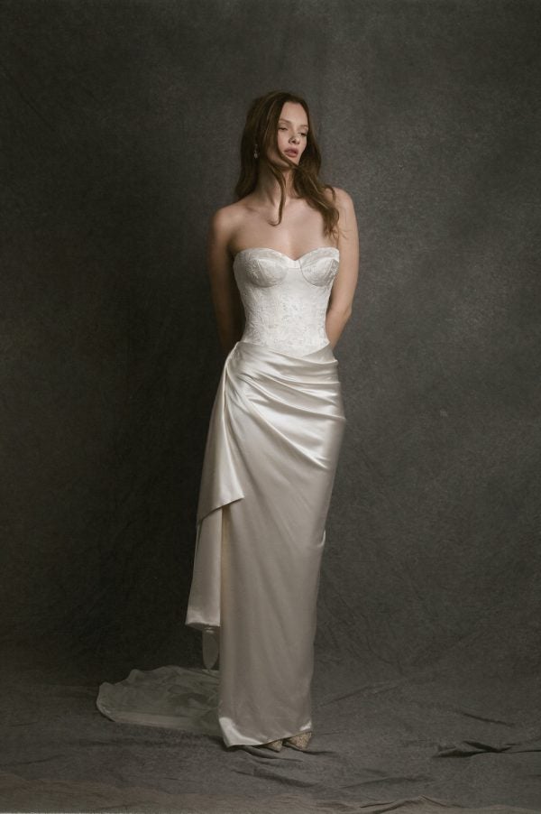 Chic And Sculptural Embroidered-Silk Sheath Wedding Dress With Neck Scarf by Enaura Bridal - Image 1