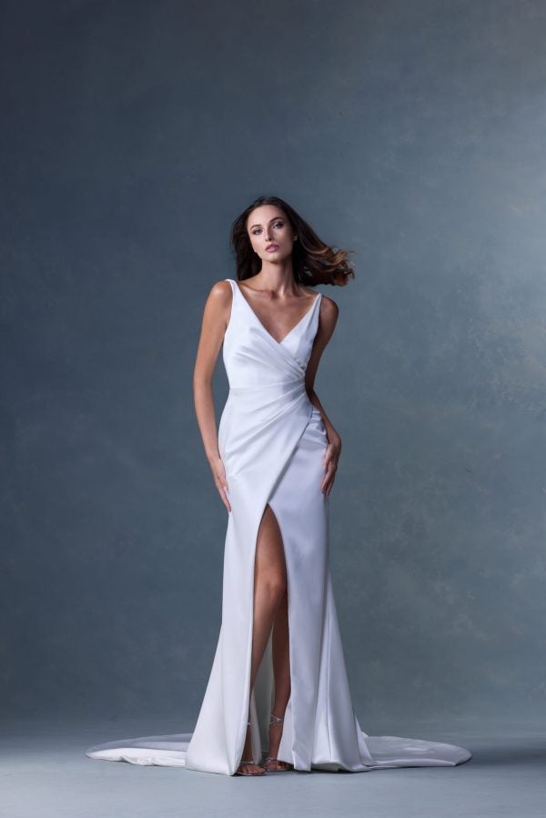 Chic And Simple V-Neck Silk Sheath Wedding Dress With Open Back by Heritage by Ines Di Santo - Image 1