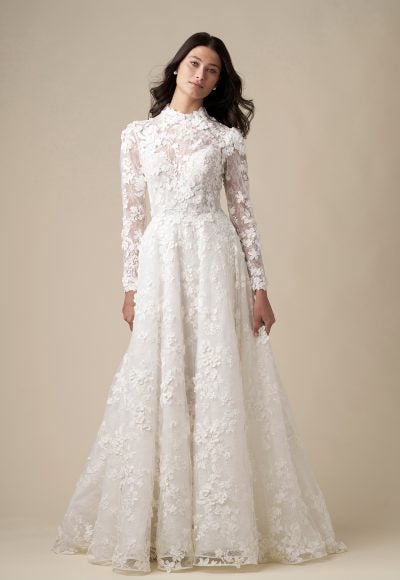 High-Neck Long Sleeve Lace A-Line Wedding Dress With Buttons by Danielle Caprese