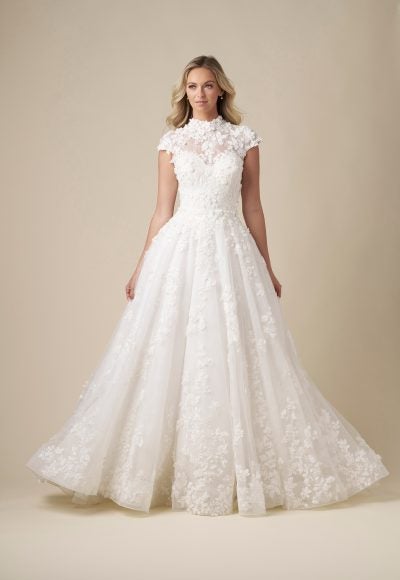 High-Neck Cap Sleeve Floral A-Line Wedding Dress With Buttons by Danielle Caprese