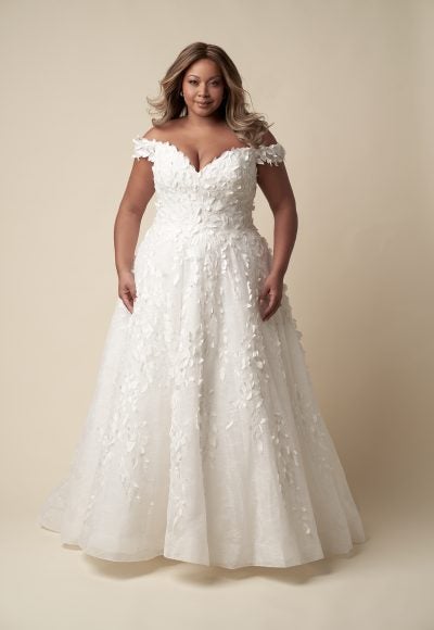 Plus-Size Modern Off-The-Shoulder Floral Ball Gown With Buttons by Danielle Caprese