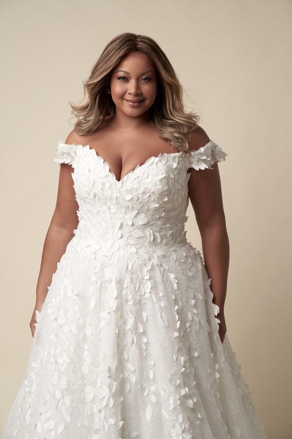 Plus-Size Modern Off-The-Shoulder Floral Ball Gown With Buttons by Danielle Caprese - Image 2