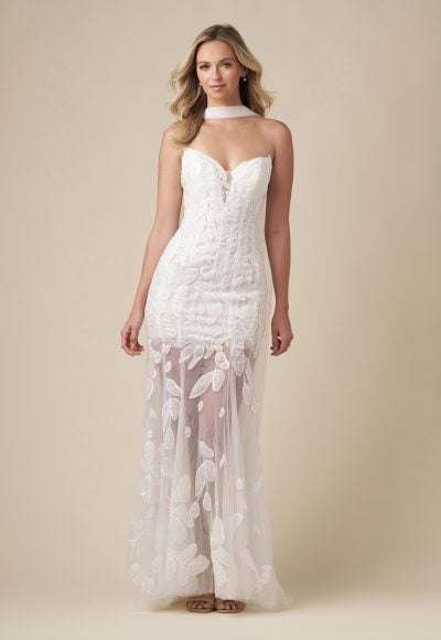 Chic And Modern Floral-Embroidered Sheath Wedding Dress With Neck Scarf by Danielle Caprese