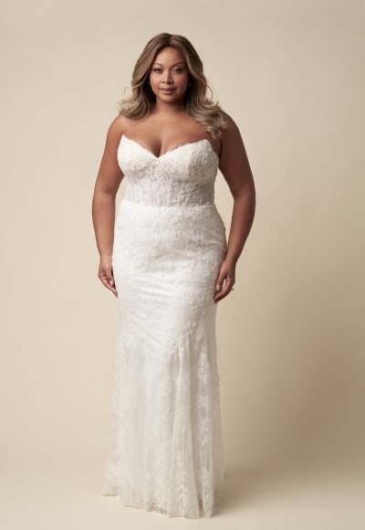 Plus-Size Chic And Romantic Lace Sheath Wedding Dress With Neck Scarf by Danielle Caprese