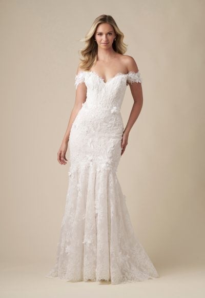 Off-The-Shoulder Floral Fit-And-Flare Wedding Dress With Buttons by Danielle Caprese