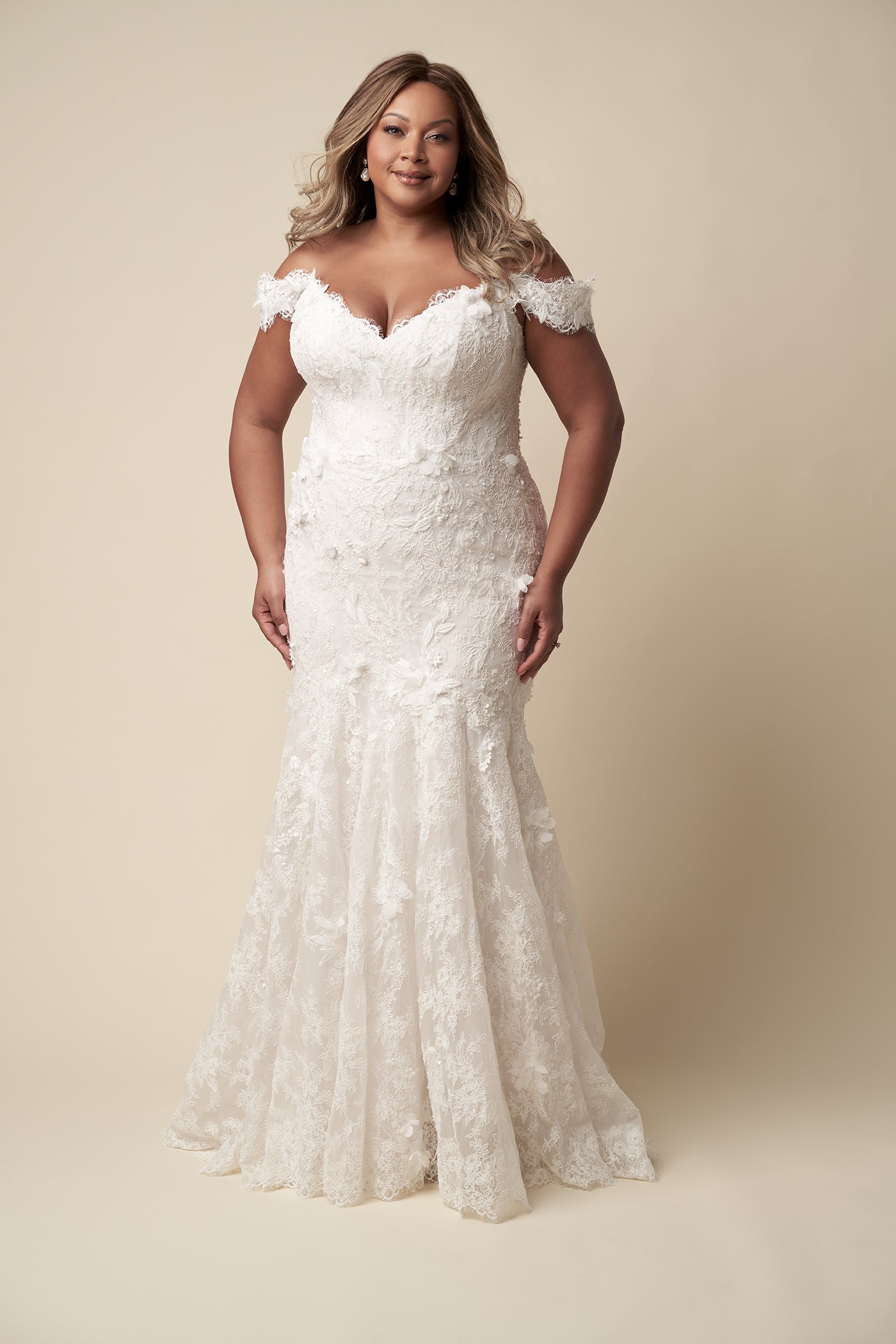 Plus-Size Off-The-Shoulder Floral Fit-And-Flare Wedding Dress With