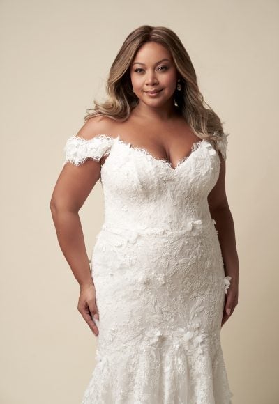 Plus-Size Off-The-Shoulder Floral Fit-And-Flare Wedding Dress With Buttons by Danielle Caprese - Image 2