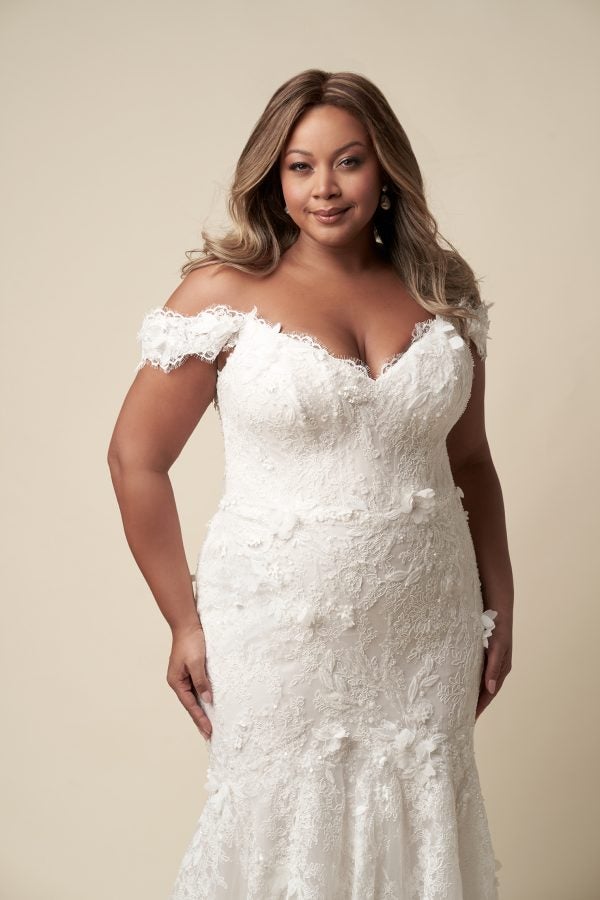 Plus-Size Off-The-Shoulder Floral Fit-And-Flare Wedding Dress With Buttons by Danielle Caprese - Image 2
