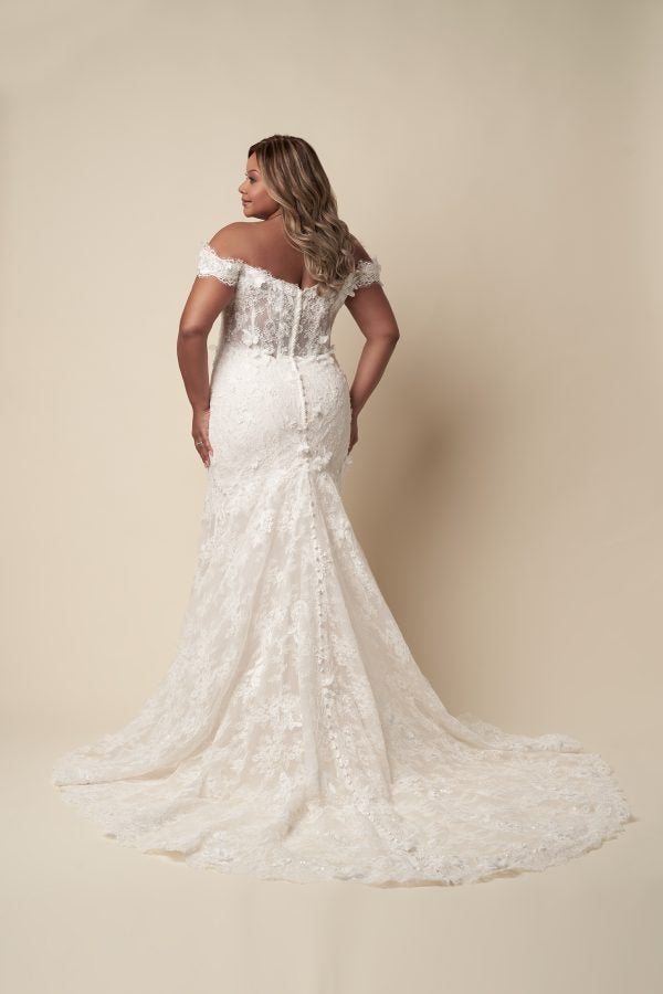 Plus-Size Off-The-Shoulder Floral Fit-And-Flare Wedding Dress With Buttons by Danielle Caprese - Image 3
