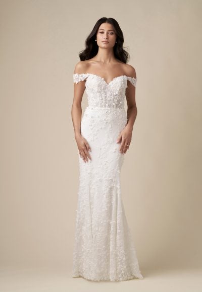 Romantic Off-The-Shoulder Floral Sheath Wedding Dress With Detachable Overskirt by Danielle Caprese