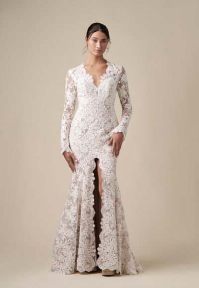 Long Sleeve Lace Sheath Wedding Dress With Open Back And Slit by Danielle Caprese