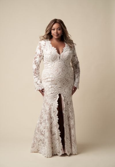 Plus-Size Long Sleeve Lace Sheath Wedding Dress With Open Back And Slit by Danielle Caprese