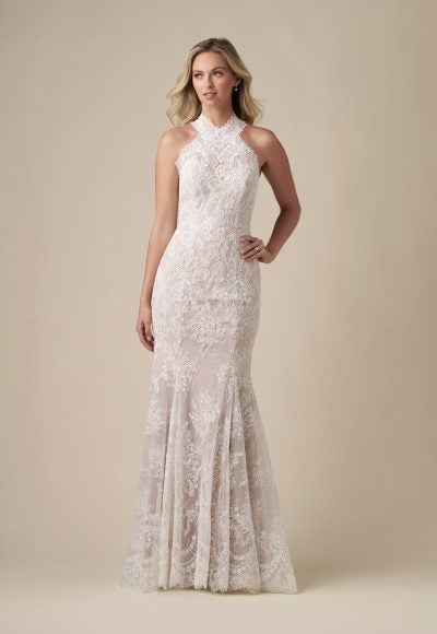 Chic Halter-Neck Fit-And-Flare Wedding Dress With Open Back And Buttons by Danielle Caprese