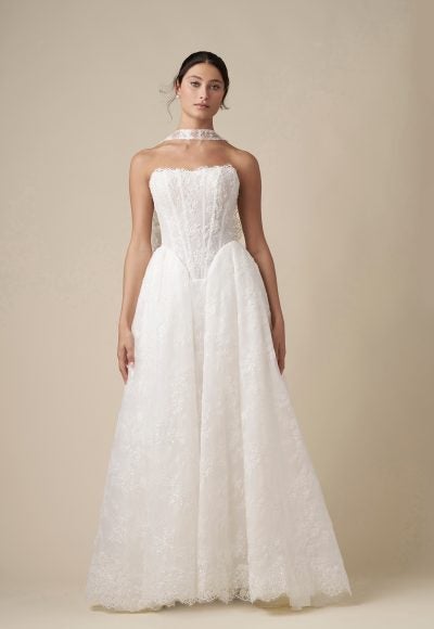 Embellished Lace Basque-Waist Ball Gown With Neck Scarf by Danielle Caprese